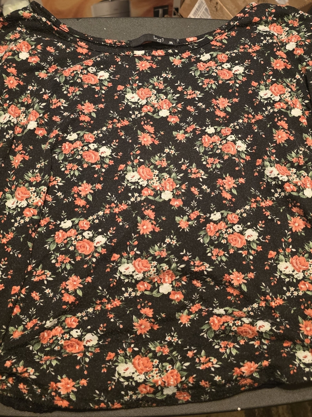 love J Black Short Sleeve Top with Coral and Cream Floral Print